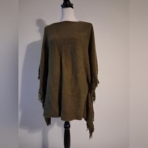 Olive Green Fringe Poncho Sweater One Size